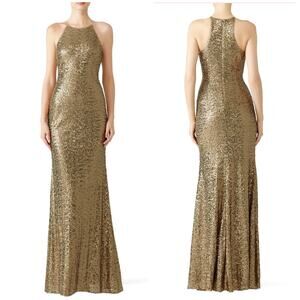 Badgley Mischka Collection Gold Sequin Halter Gown Maxi Dress size 2